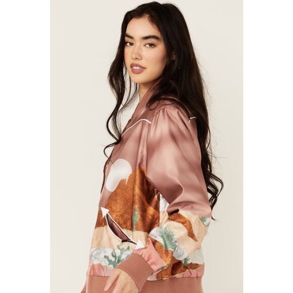 Hooey Satin Bomber Jacket XL Women’s Pink Desert Western Landscape Print Zip Up - Picture 4 of 12